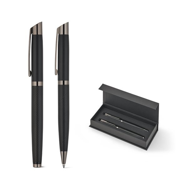 Set med 1 kulspetspenna och 1 rollerballpenna i aluminium, med Dokumental® blått bläck