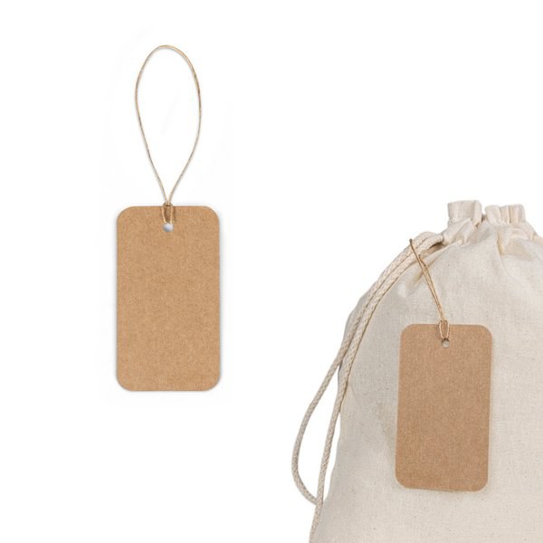 Label made from 100% recycled paper (700 g/m²) in a rectangular shape